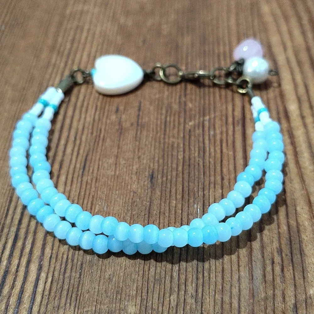 Ladies Double Strand Beaded Bracelet, Baby Blue Bracelet/Handmade Bracelet - Picture 6 of 7